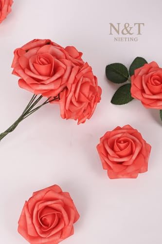 N&T NIETING Artificial Flowers 25pcs Real Touch Coral Foam Fake Roses with Stems for DIY Wedding Bouquets Bridal Shower Centerpieces Floral Arrangements Party Tables Home Decorations - color: Coral, size: 25pcs