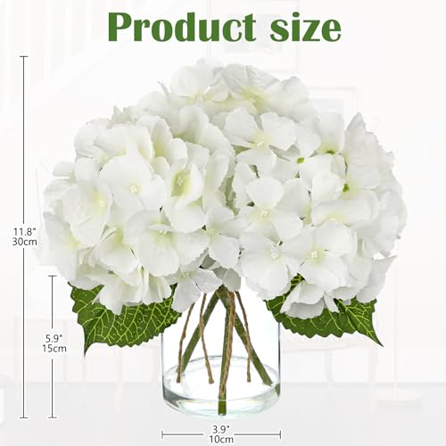 Hydrangea Artificial Flowers with Glass Vase, White Real Touch Silk Hydrangea Arrangement with Faux Water, Small Faux Floral Centerpiece for Home Decor, Wedding, Bathroom, Shelf, Coffee Table - color: White-hydrangea