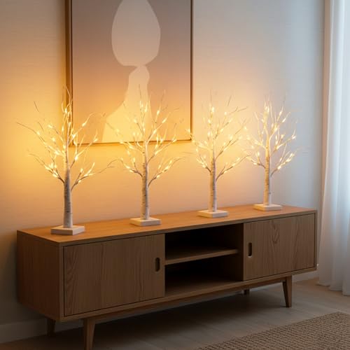 PEIDUO Christmas Decorations for The Home, 2FT BirchTree with LED Lights, Warm White Tree Lamp, Fairy Light Spirit Tree for Room Inside Fireplace Home Decor, Battery Powered, Timer (4PK) - style: 4PK Birch Tree
