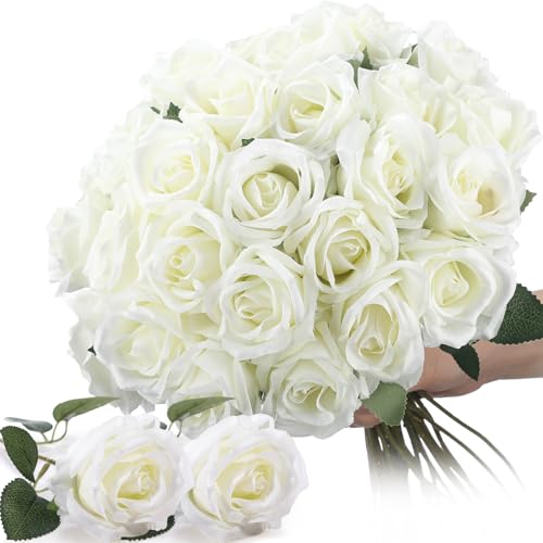 Thiccywoov 30 Pcs Rose Artificial Flowers in Bulk Lifelike Long Stem Silk Roses Bouquets Realistic Faux Flowers for Wedding Bridal Shower Home Decor Floral Arrangements Table Centerpiece(White) - color: White