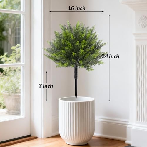 Bdor 24" Artificial Cedar Topiary Bush with Ground Stake, UV Resistant Fake Cedar Shrubs for Outdoors, Weatherproof Faux Greenery Plants for Garden, Patio, Yard, 2 Pack - style: cedar
