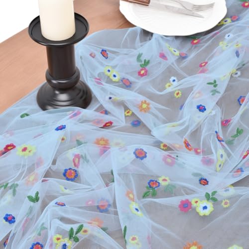 Joanlody 3pcs Blue Embroidery Daisy Spring Summer Table Runner Florals Seasonal Tulle Table Runner for Home Garden Tea Party Holiday Birthday Decoration - color: Blue, size: 10ft x 3pack