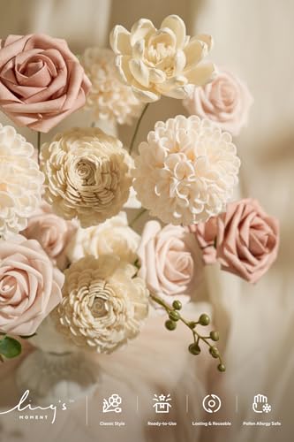 Ling's moment Fake Flowers Box, Faux Artificial Greenery Stems Foam Dahlia Roses Silk Willow Fabic Flower for Centerpieces Bouquet Wedding Vase Decorations, Dusty Rose & Cream & Blush, Grand Combo - color: Pk-dusty Rose & Cream & Blush, size: Grand