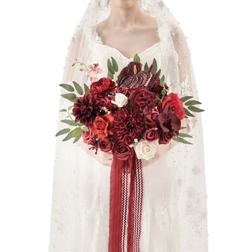 TINGE TIME 11 Inch Wedding Bouquets for Bride, Burgundy Artificial Flowers Bouquet, Brides & Bridesmaids Bouquet Tossing Bouquet for Wedding Anniversary Ceremony Bridal Shower Decorations - color: Burgundy Red