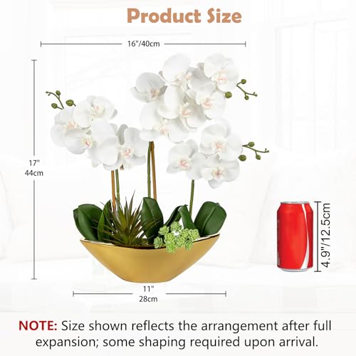 Briful Orchid Artificial Flowers 17in White Fake Orchid Silk Flowers with Gold Ceramic Pot Faux Orchid Arrangement for Home Office Room Coffee Table Centerpiece Modern Decoration - color: White Gold#2