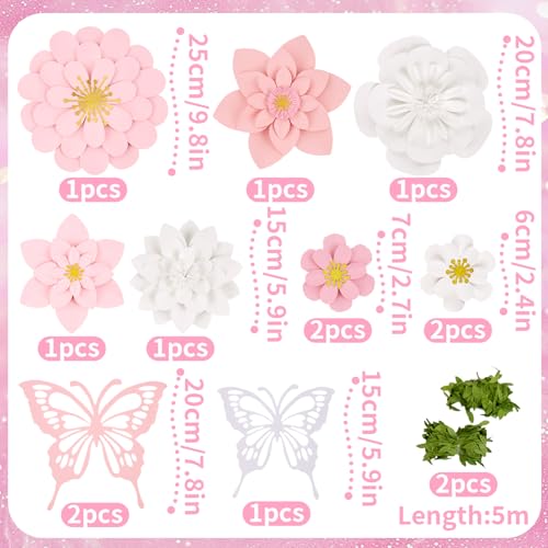 Paper Flower Decoration for Wall 3D Paper Butterfly Flower Bulletin Board Decor Pink White Artificial Flower Backdrop Wall Decor Green Leaves Vine for Classroom Office Spring Garden Tea Women Birthday - color: Pink, White Paper Flower