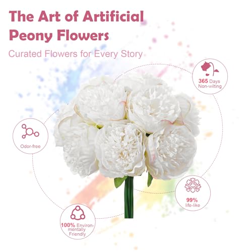 10PCS White Realistic Silk Peonies Bouquet, Waterproof & UV Resistant Faux Peony Flowers, All-Weather Artificial Stems for Outdoor, Grave, Wedding Centerpiece & Home Decor - color: White