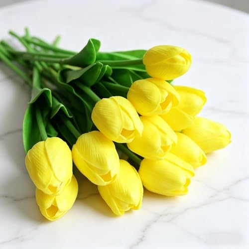 PU Real Touch Tulips Artificial Flowers 20Pcs Fake Flowers Arrangement Bouquet for Home Office Wedding Decoration (Yellow) - color: Yellow 20pcs
