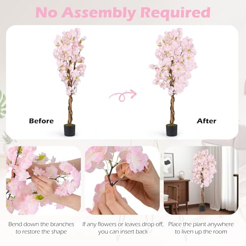 GOFLAME 5FT Artificial Cherry Blossom Tree, 2 Pack Faux Pink Silk Plant with Solid Wood Trunk, Realistic Moss and Nursery Pot, Fake Sakura Flower Tree for Home Office Indoor Decor