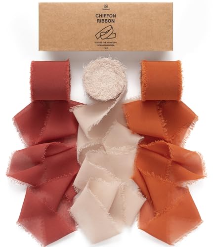 Vitalizart Fall Handmade Chiffon Silk Ribbon Fringe 1.5" x 21 Yd Terracotta Frayed Edges Ribbons for Wedding Invitations Bridal Bouquets Gifts Wrapping Crafts Holiday Party Decorations - color: Fall