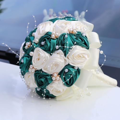 Bridal Wedding Bouquet with Pearl Brooch Bouquet for Bride Bridesmaid Quinceanera Satin Rose Flower Bouquet Wedding Dark Green and Ivory 8.7in - color: Dark Green & Ivory
