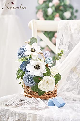 Serwalin Artificial Flowers, Dusty Blue Silk Fake Flowers Cake Flower for Wedding Bouquet Table Centerpieces Arrangements Party Baby Shower Home Decor Floral Arrangement - color: Blooming Dusty Blue White, size: 1 Box