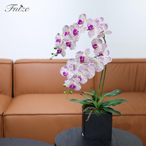 Fnize Faux Orchid Stems Artificial Flowers Phalaenopsis 38 Inch 2pcs Real Touch Latex 9 Large Petals Purple Pattern - color: Purple Pattern