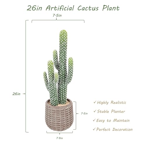 26 Inch Artificial Cactus Plant Indoor, Realistic Faux Cactus Plant with Plastic Woven Planter，Lifelike Fake Cacti for Home Office Garden Store Patio Decor. - size: 26 Inch