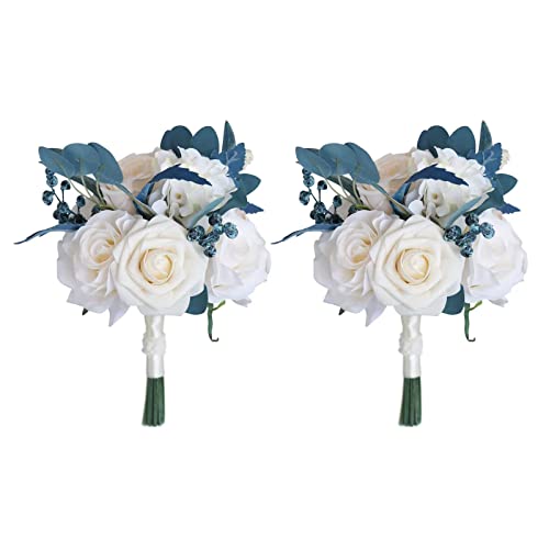 MOJUN Set of 2 Bridesmaid Wedding Bouquets, Artificial Rose Dusty Blue Flowers for Bride, Romantic Valentine's Day Party - color: Dusty Blue Bouquet B 2pack