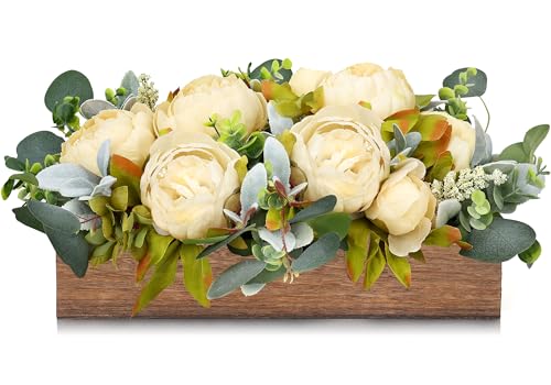 Flower Table Centerpieces for Dining Room, Summer Artificial Peony Table Centerpieces Wood Tray with Fake Flowers for Wedding Living Room Party Bar Kitchen Table(Champagne) - color: Champagne