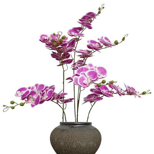 6 Pack Rose red White Edge Orchid Artificial Flowers, 32'' Artificial Fake Faux Silk Orchid Stem Bouquets for Wedding Party Home Garden Decor,Orquideas Artificiales para Decora (not including pot) - color: Rose Red With White Edge