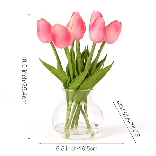 Realistic Fake Flowers Artificial Tulip Arrangement with Glass Vase, Adjustable Stems, for Home Living Room Table Office Wedding Decoration（Pink） - color: Pink