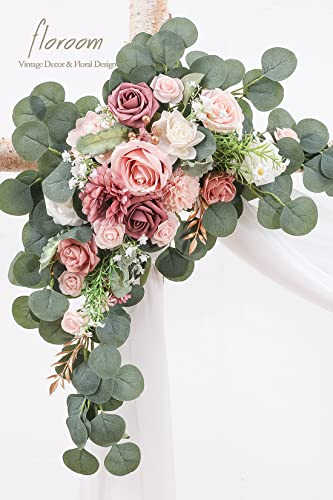 Floroom Arch Flowers with Drapes Kit (Pack of 4) - 2pcs Artificial Dusty Rose & Blush Floral Swag Arrangement with 2pcs Draping Fabric for Wedding Ceremony Arbor and Reception Backdrop Decoration - color: Dusty Rose & Blush