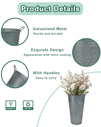 vensovo 12 Inch Galvanized Metal Vases for Flowers - 6 Pcs Farmhouse Decorative Tall Flower Bucket with Handles, Rustic French Tin Planter Buckets for Wedding Decor (Galvanized Black) - color: Galvanized Black
