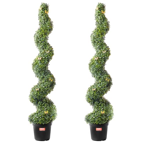 VEVOR Artificial Boxwood Topiary Tree, 60 inch Tall (2 Pieces), Spiral Faux Topiary Trees, Faux Plant w/Extra Leaves & Pot & Small Decoration, UV Rated Greenery Set for Home Decor Indoor/Outdoor - size: 5ft