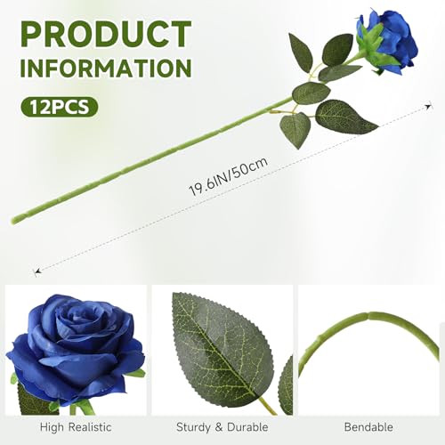 Tifuly Royal Blue Roses Artificial Flowers -12 pcs Realistic Single Long Stem Fake Silk Roses Bouquet for Party Home Wedding Centerpiece Office DIY Decor - color: Royal Blue