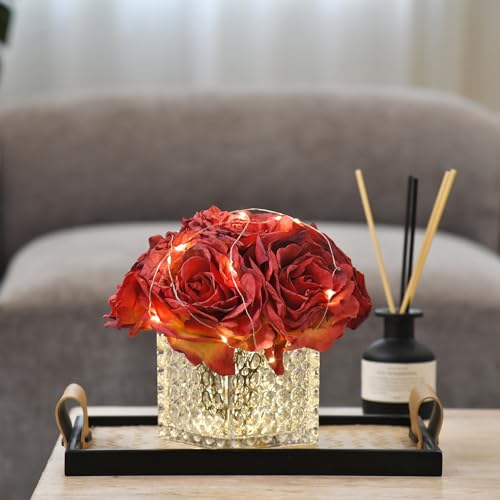 Artificial Rose in Glass Vase Vintage Silk Flower Arrangement with LED Light for Table Centerpiece Home Wedding Decoration (Red) - color: Red