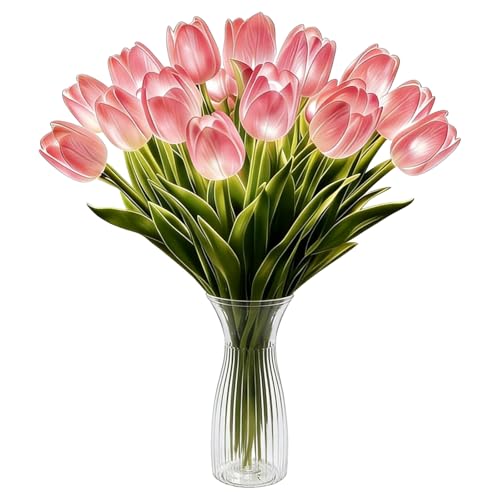 15pcs LED Lighted Artificial Flowers Tulip Lamp with Vase Real Touch Tulips Faux Flower Lights for Valentines Day Gift Easter Home Kitchen Wedding Dining Table Decor (Pink) - color: 15pcs Pink