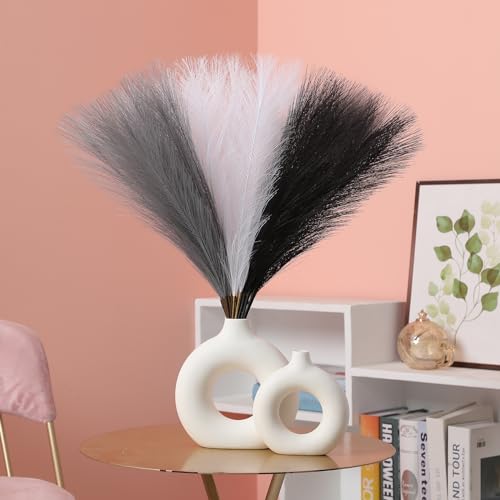 Ureymx Faux Pampas Grass Decor 17.7 Inch 30pcs, Artificial Pampas Grass Fluffy Home Decor, Short Vase Room Decor pompous Grass Flower Arrangement for Boho Home Wedding Decoration (Black,White,Grey) - color: Black,white,grey, size: 17 Inch 30 Pcs