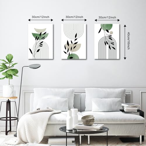 WENGTIAO 3Pcs Boho Sage Green Canvas Wall Art MInimalist Geometric Line Leaf Pictures Prints Paintings Abstract Mid Century Botanical Green Plant Artwork for Living Room Bedroom Bathroom 12x16x3 - color: Boho-sage green, size: 12"x16"x3Pcs