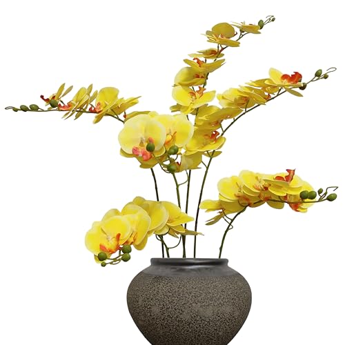 ATFL 6 Pack Yellow Orchid Artificial Flowers Real Touch, 32'' Artificial Fake Faux Silk Orchid Stem Bouquets for Wedding Party Home Garden Decor,Orquideas Artificiales para Decora (not Including Pot)
