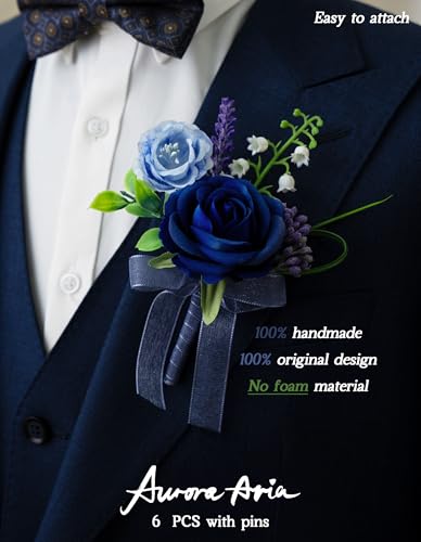AuroraAria Navy Blue Boutonniere for Men,Set of 6,Groom Boutonniere for Wedding,Anniversary,Homecoming,Formal Dinner Party,Wedding Decor,Artificial Navy Blue Rose - color: Navy Blue