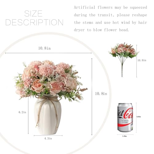 Peonies Artificial Flowers in Vase, Fake Hydrangea Silk Peony Flower Bouquet with Vase Faux Flowers Arrangement Decor Home Table Dining Room (Pink) - color: Pink