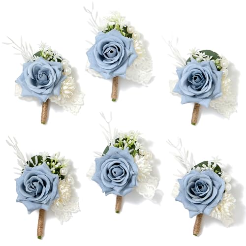 Serwalin 6 Pcs Blue Boutonniere for Men, Groom Groomsmen Best Man Guest Boutonnieres，Artificial Flowers Silk Rose for Wedding Prom Ceremony Anniversary Party Homecoming - color: Blue, size: Boutonniere 6pcs