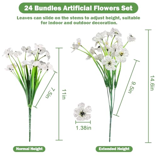 Nepfaivy Artificial Flowers for Outdoors White - 24 Bundles UV-Resistant Fake Flowers No Fade for Outside, Realistic Plastic Plants and Faux Silk Flowers for Planters, Front Porch, Garden Decoration - color: White
