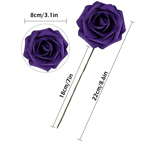 25pcs Artificial Flower Foam Rose Real Touch Roses Flower Heads with Stem for DIY Wedding Bouquets Centerpieces Arrangements Party Baby Shower Home Decor (Purple) - color: Purple