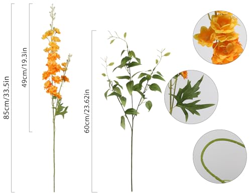 IPOPU 9Pcs Orange Artificial Delphinium Flowers Combo Clematis Greenery Stems, 33.5" Long Stem Larkspur for Wedding Centerpieces, Bridal Bouquet, Home Party Table Decor (Orange) - color: Orange