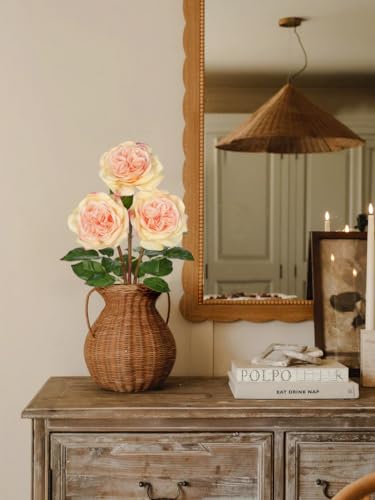 Artificial Roses - Set of 3 Long-Stem Real Touch Silk Roses, 24.4" Faux Flowers for Home Decor, Wedding Bouquets, Centerpieces & Floral Arrangements – Lifelike Peach Fake Roses - color: Peach