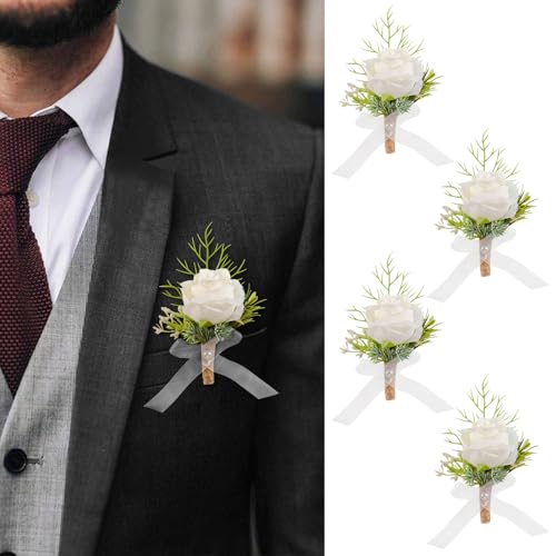 Garisey 4pcs White Rose Boutonniere for Men Artificial Rose Flower for Wedding Flowers Ceremony Prom Flower (4 Boutonniere) - color: 4 Boutonniere