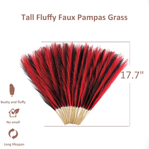 Pampas Grass Small Black&Red, 30 Pcs 17" Halloween Steems Faux Pampas Grass Short Decor, Pompas Grass Flower Arrangement and Vase Filler for Boho Home Wedding Decoration - color: Red&black, size: 17'' Tall