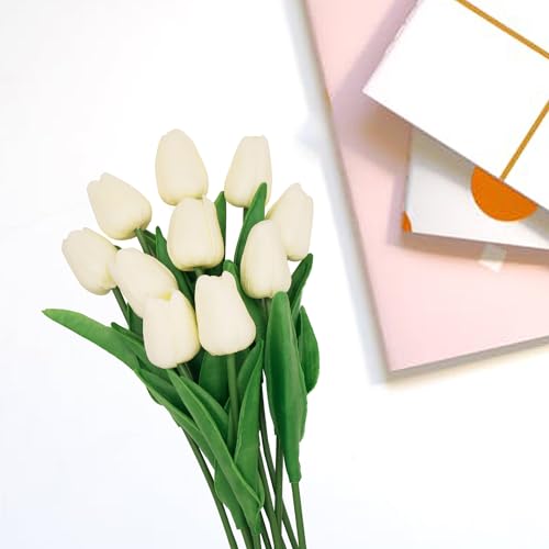 10 Pcs Faux Tulips Artificial Flowers with Stems, 13 Inch Artificial Tulips Flower Realistic for Wedding Bouquet, Table Centerpiece, Birthday Party (Milk White) - color: Milk White