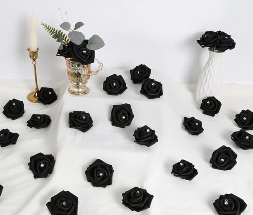 IPOPU 100pcs Black Rose Artificial Flower Heads Bulk with Crystal 3in Real Looking Foam Fake Roses Faux Flowers for DIY Craft Wedding Bouquets Arrangements Party Table Home Decorations(Black) - color: Black With Crystal