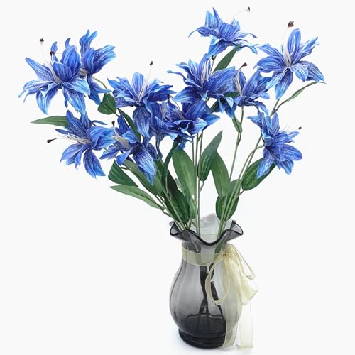 Artifical Lily Flowers Fake Stargazer Lilies Flower Bundles 4 Pack, Faux Silk Lily Floral Stems for Indoor Outdoor Home Garden Decor Office Party Wedding Arrangement Bouquets DIY Decoration - Blue - color: Lily Silk Flowers / Blue 4 Pack