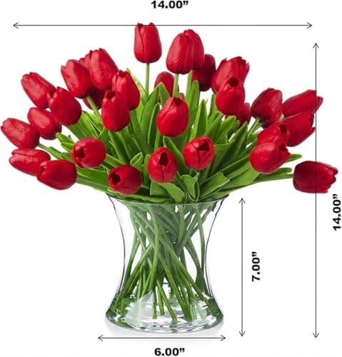 Real Touch Artificial Tulips with Glass Vase and Acrylic Water, 40 Pcs Fake Tulip Flowers Bouquet for Home Office Decor, Silk Flowers Arrangements for Dining Table Wedding Centerpiece (Red) - color: Red
