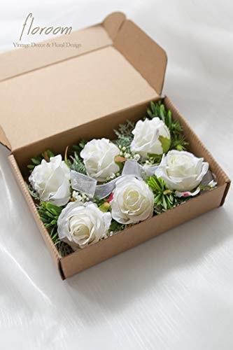 Floroom 3pairs Ivory Rose Wrist Corsage Wristlet Band Bracelet and Men Boutonniere Set for White Wedding Prom - color: 3 Boutonniere & 3 Wrist Corsage