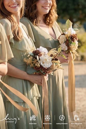 Ling's moment Brown Artificial Wedding Flower Bouquets for Bridesmaids Boho Floral Bouquet Bridesmaids Bouquets with Ribbon Ceremony Anniversary,7-inch Diameter - color: Brn-beige Brown