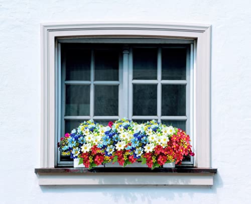 Artificial Daisy Flowers 6 Bundles UV Resistant Fake Silk Flowers No Fade Outdoor Flowers for Wreath Garden Porch Front Door Window Box (Red, White & Blue) - color: Red, White & Blue