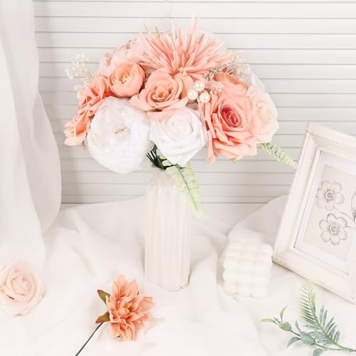 Artificial Flowers Combo Box Set Artificial Bouquets Wedding Flowers for Centerpieces Faux Flowers with Stems Peach Roses Artificial Flowers for Decor - color: Peach Pink