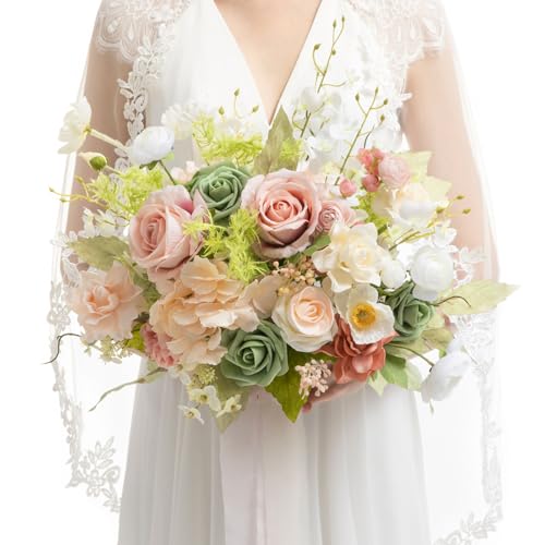 Ling's moment Coral Pink Wedding Bouquets for Bride, Blush Garden Bridal Bouquets for Bride, 13 Inch Free Form Artificial Wedding Flower Bouquet - color: Pk-blush Garden, size: Small 13 Inch