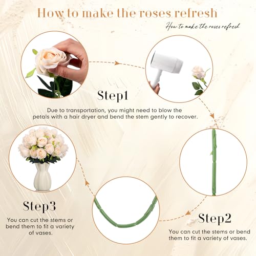 Hotop 40 Pcs Rose Artificial Flowers Bulk with Long Stem,Realistic Silk Fake Roses Bouquet for Home Wedding Centerpieces Party Table Decoration Valentines Gifts(Cream) - color: Cream